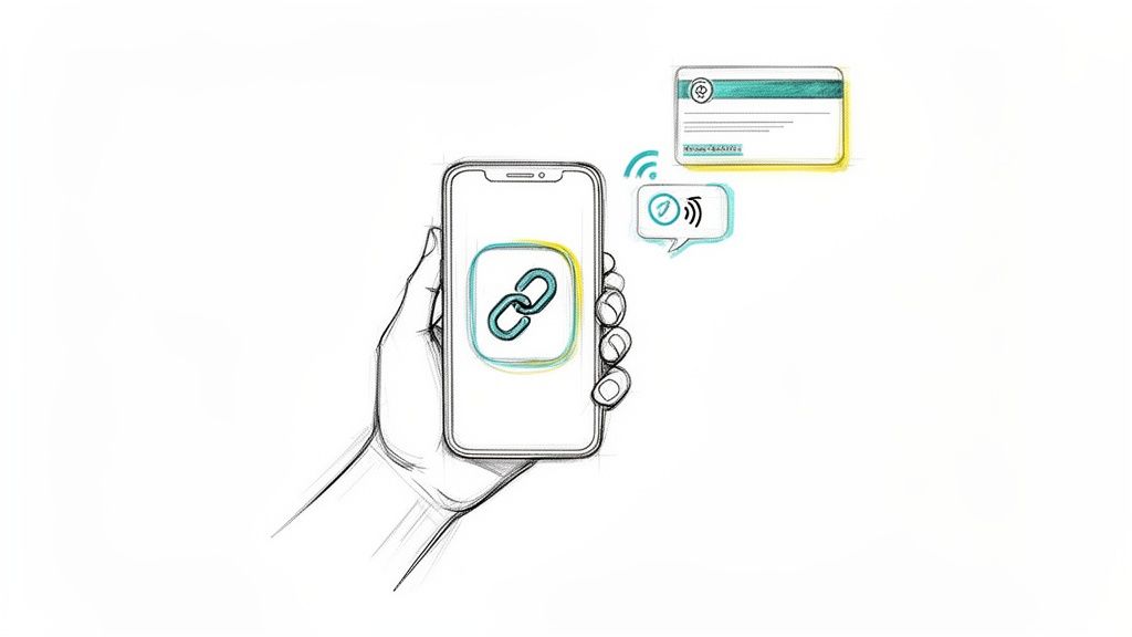 O mână ține un smartphone cu o pictogramă de link, interacționând wireless cu un card bancar și o notificare.