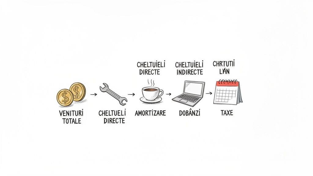 Diagramă ilustrând formula de calcul a profitului net, cu venituri, cheltuieli, amortizare, dobânzi și taxe.