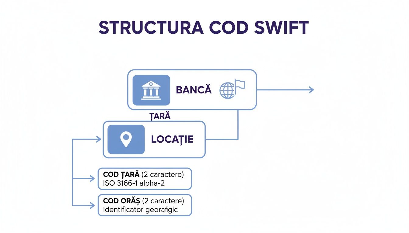 Diagrama explică structura codului SWIFT, incluzând banca, locația, codul de țară (ISO 3166-1 alpha-2) și codul de oraș.