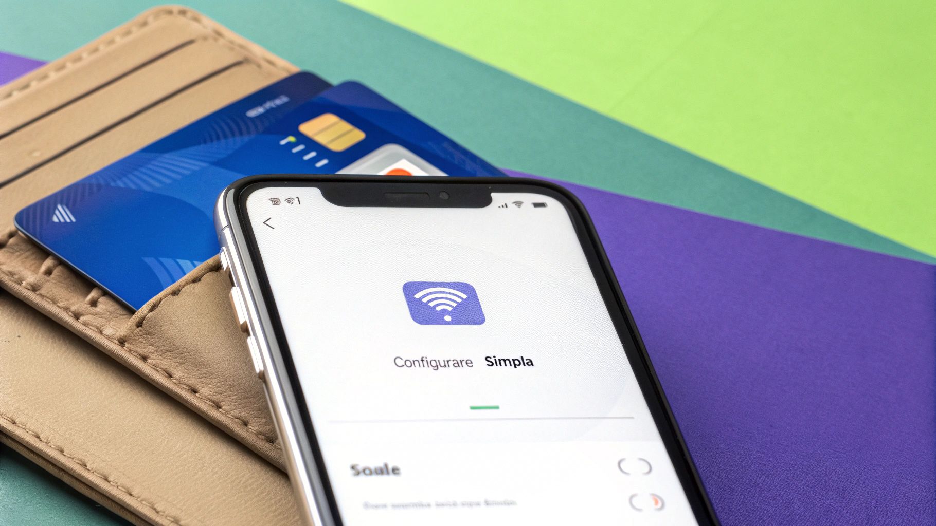 Persoană care configurează Apple Pay pe un iPhone, adăugând un card în aplicația Wallet