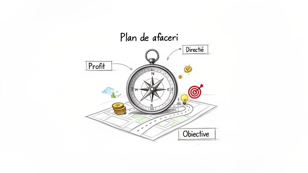 Imagine care ilustrează un plan de afaceri cu o busolă, obiective, profit și direcție pe o hartă.