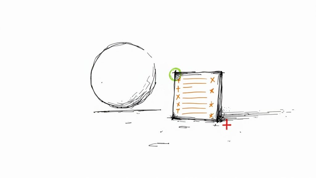 O schiță alb-negru, minimalistă, cu o sferă, o listă de verificare și umbre. Elemente evidențiate colorat.