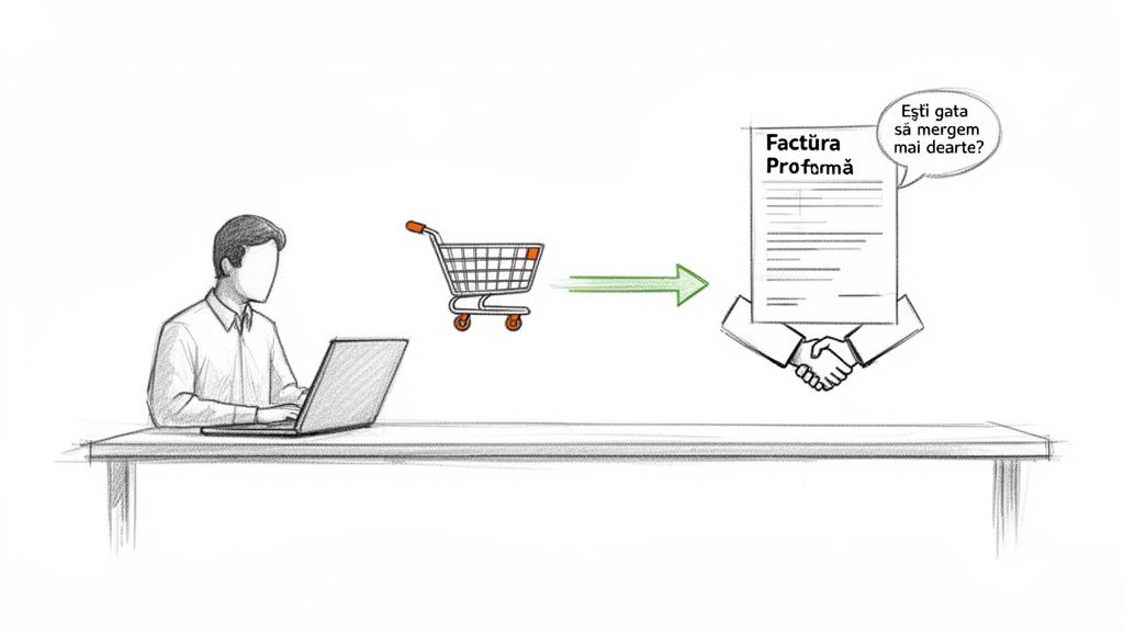 O persoană la laptop, un coș de cumpărături și o factură proformă, ilustrând procesul de comandă online și acord.