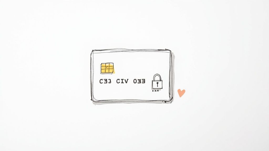 Ilustrație card bancar cu cip electronic, cod securitate și simbol lacăt pentru protecție