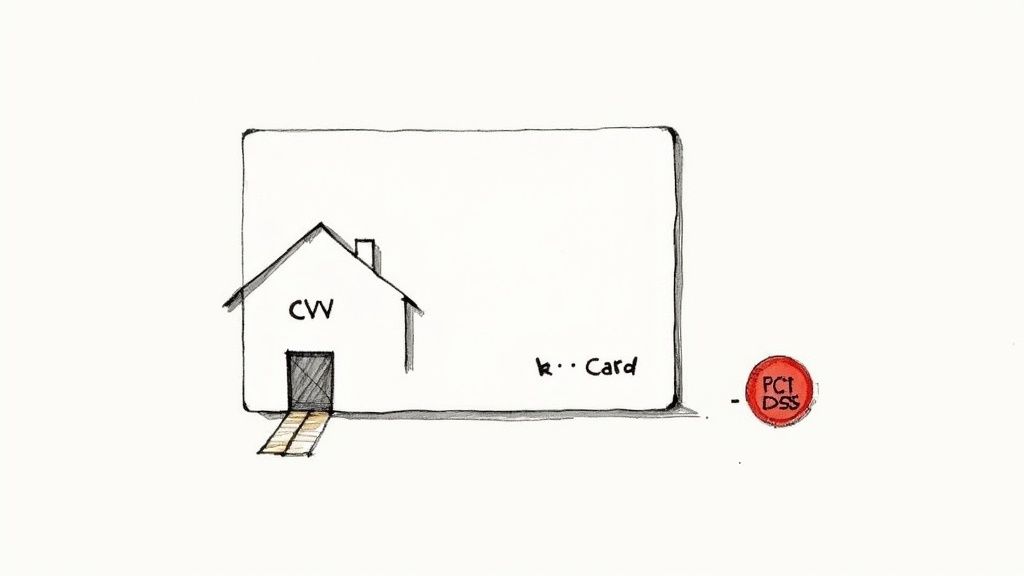 Desen schematic ilustrând codul CVV pe un card bancar lângă o casă stilizată