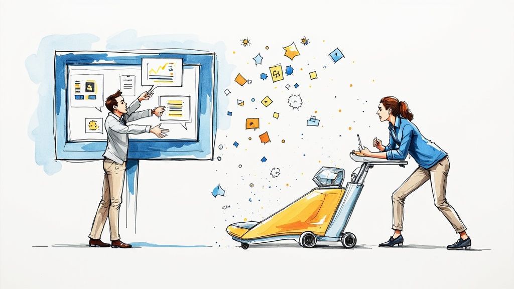 Un bărbat prezintă date pe un ecran, în timp ce o femeie interacționează cu un dispozitiv mobil.