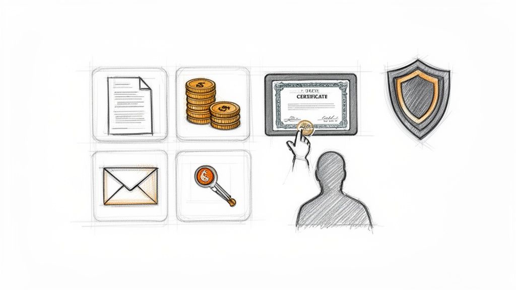 Ilustrație cu simboluri pentru servicii financiare și securitate online: document, monede, certificat și scut de protecție.