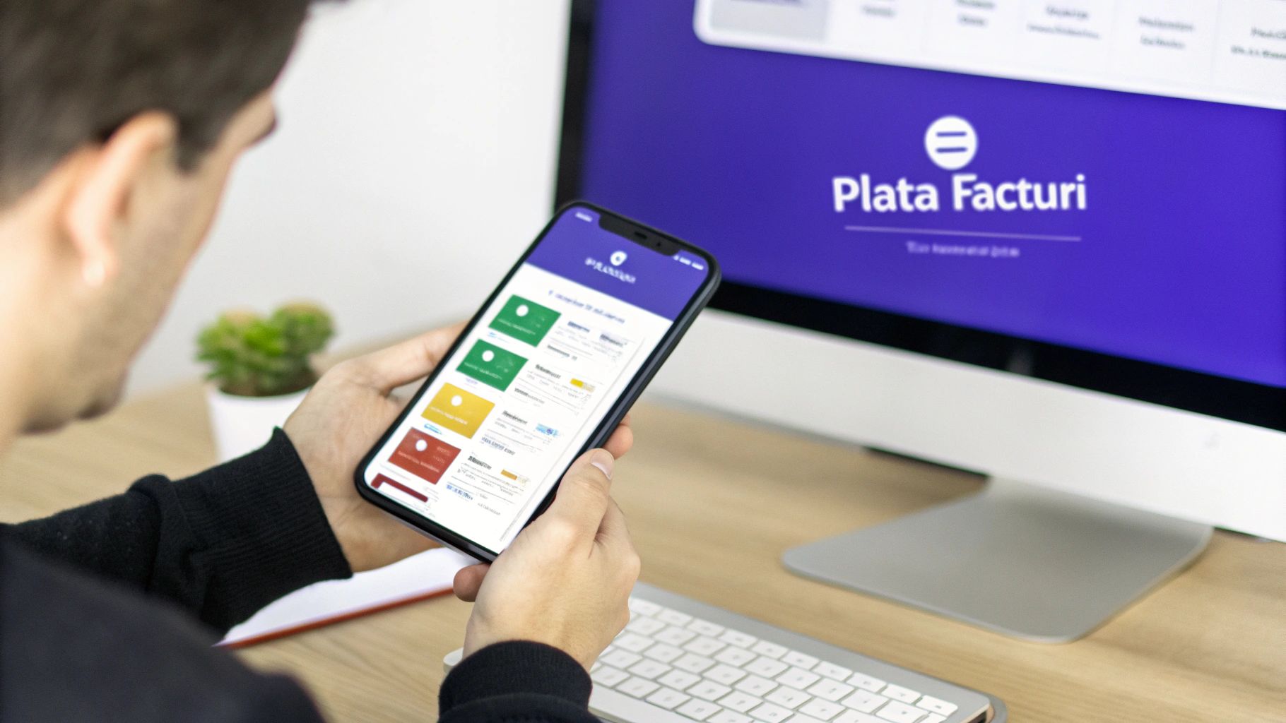 O persoană relaxată folosește o aplicație de platit facturi pe telefon, având facturile organizate digital în fundal.