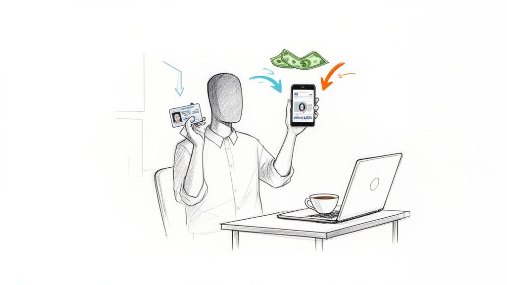 O persoană schițată cu o carte de identitate și un smartphone, ilustrând verificarea identității și tranzacții online, cu bani.