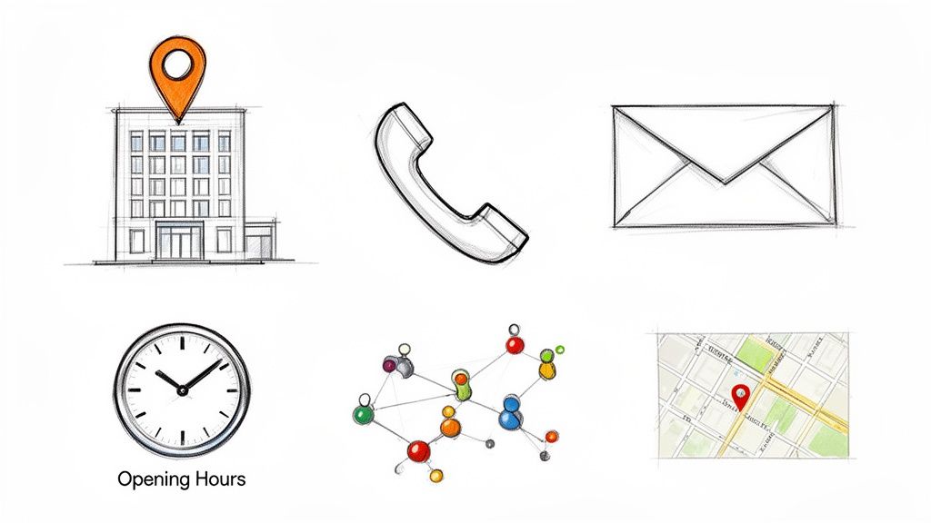 Pictograme pentru informații de contact și locație: adresă, telefon, e-mail, program de lucru, rețea și hartă.
