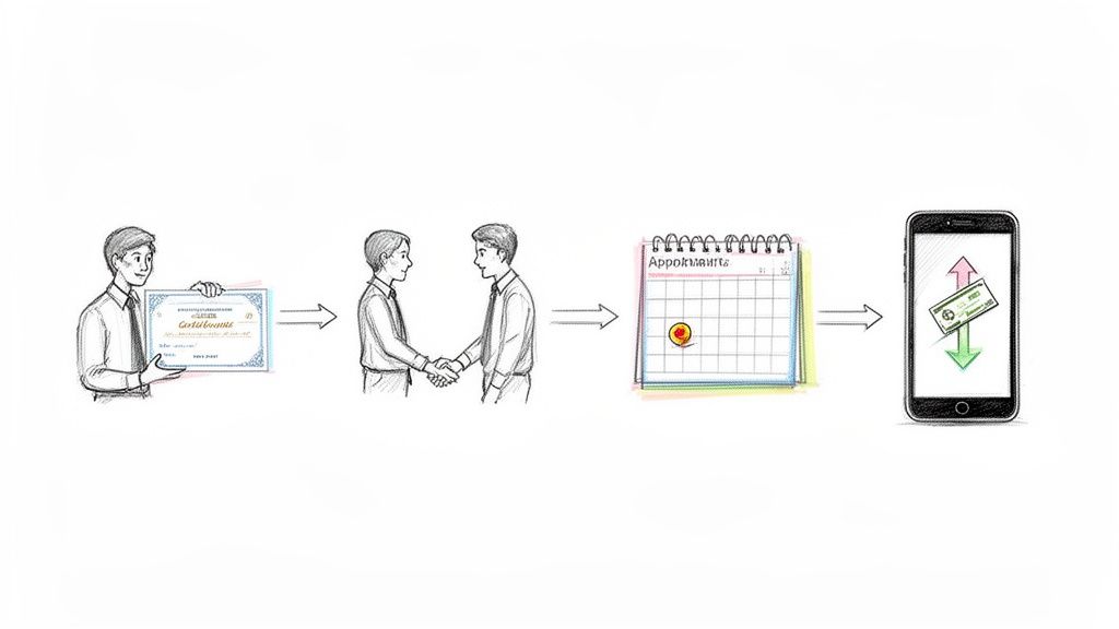 Ilustrație proces: primire certificat, încheiere acord, programare întâlnire, plată mobilă.