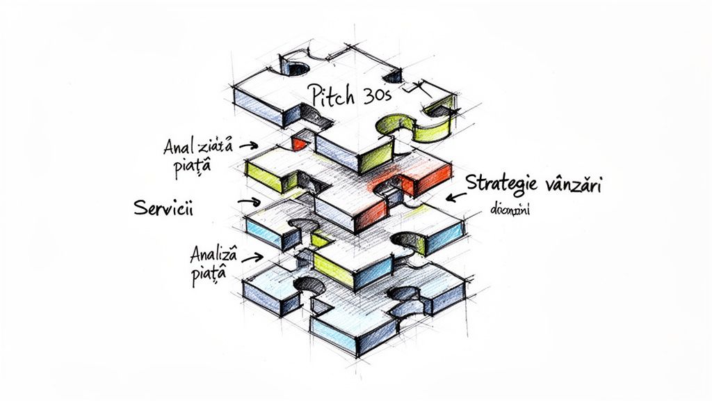 O diagramă cu piese de puzzle suprapuse, ilustrând componentele unui plan de afaceri: pitch, analiză piață, servicii și strategie vânzări.