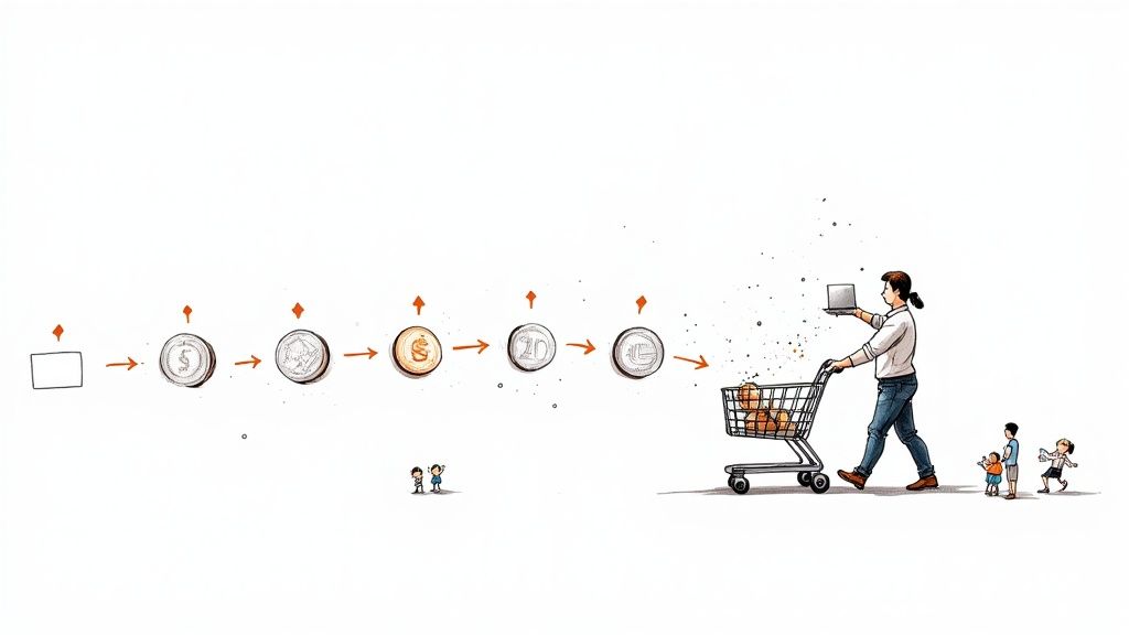 O ilustrație a unui proces de cumpărături: monede, o femeie cu laptop și cărucior plin, alături de copii.