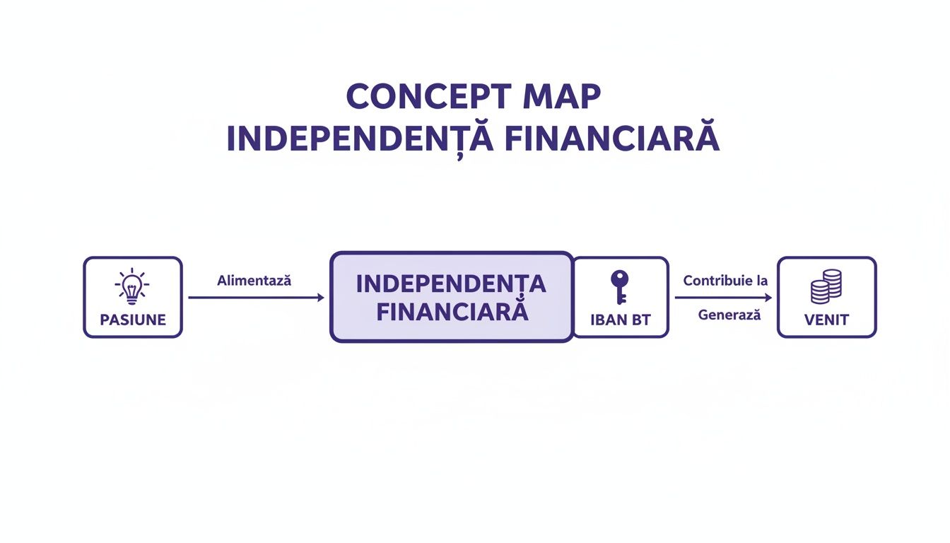 O hartă conceptuală arată cum pasiunea alimentează independența financiară, care prin IBAN BT generează venituri.