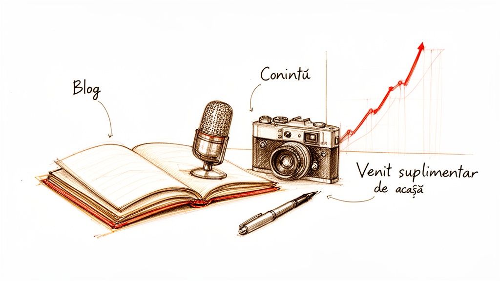 Ilustrație desenată manual cu elemente pentru crearea de conținut digital: blog, microfon, cameră foto și grafic cu venituri în creștere.