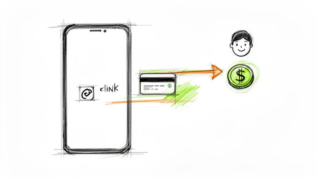 Schiță care ilustrează o aplicație de mobil („clink”), un card bancar și o plată către o persoană cu un dolar.