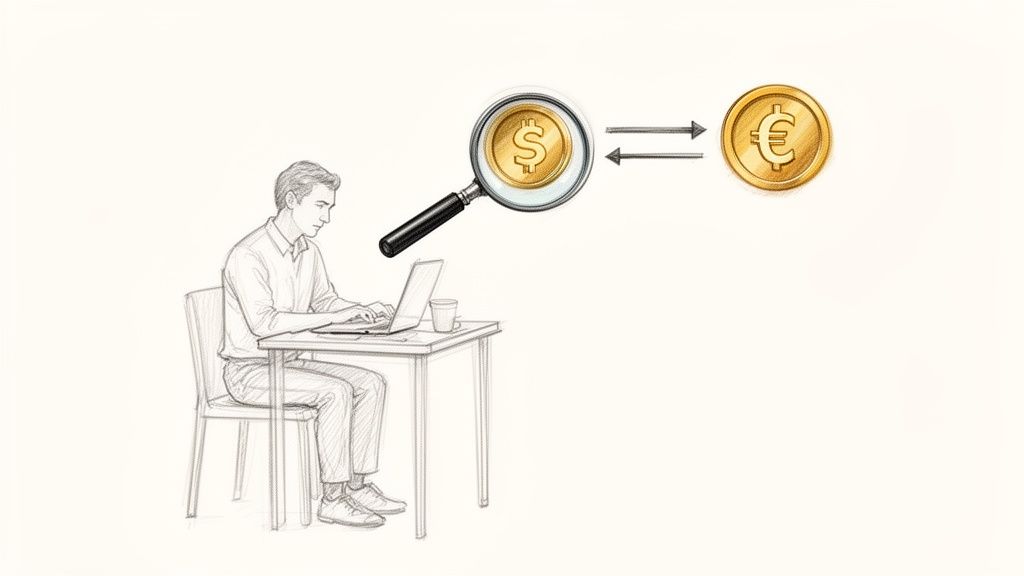 Ilustrație cu un bărbat la laptop și o lupă monitorizând schimbul valutar între dolar și euro.