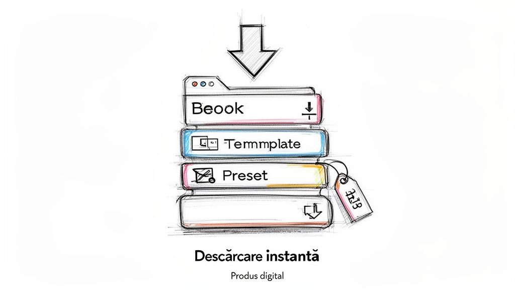 Imagine cu un concept de descărcare instantanee de produse digitale, incluzând Bebook, Temmplate și Preset.