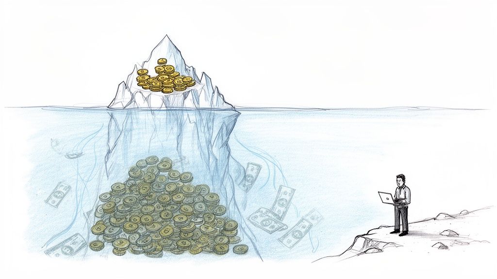 Un iceberg cu monede de aur, bani sub apă și un om cu laptop, reprezentând costurile vizibile și ascunse.