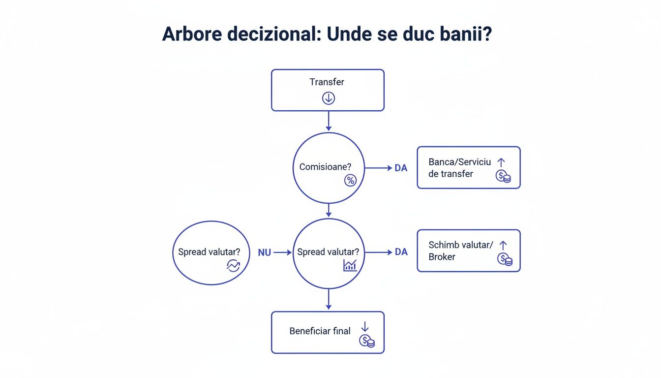 Diagramă decizională despre destinația banilor dintr-un transfer, analizând comisioane și spread valutar.