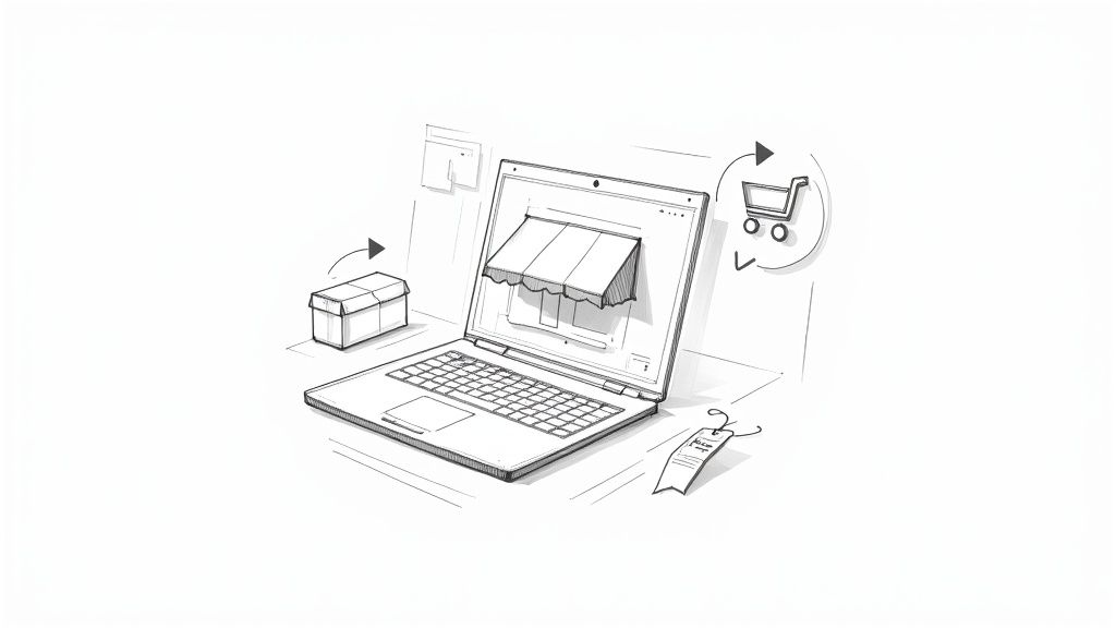 Un laptop deschis cu o vitrină de magazin pe ecran, alături de o cutie și un coș de cumpărături, reprezentând afaceri online.