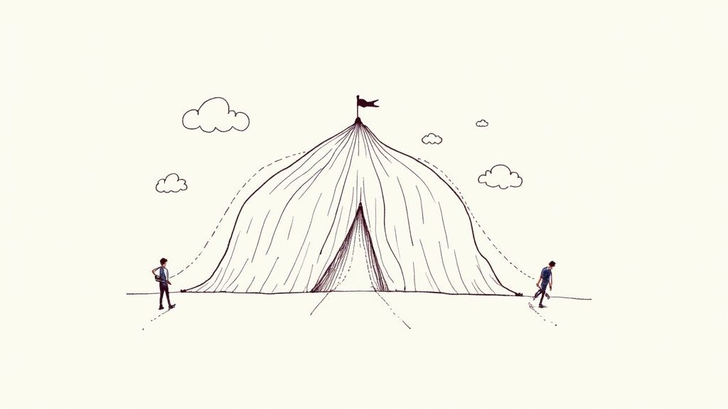 Ilustrație cu doi oameni mergând pe un drum, în jurul unui munte stilizat cu un steag în vârf.