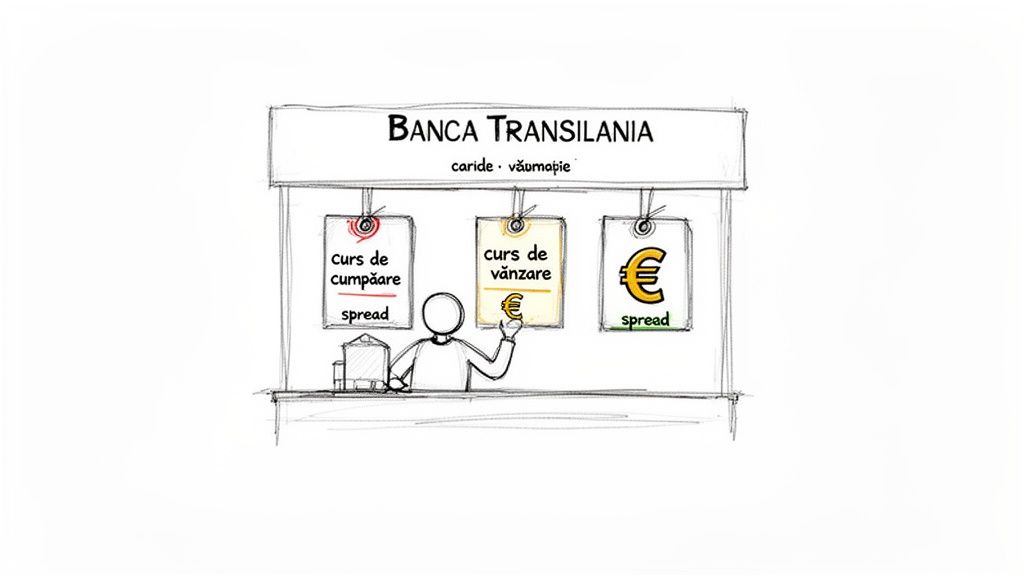 Desen schiță cu o casă de schimb valutar Banca Transilvania, afișând cursuri de cumpărare și vânzare euro, și spread.