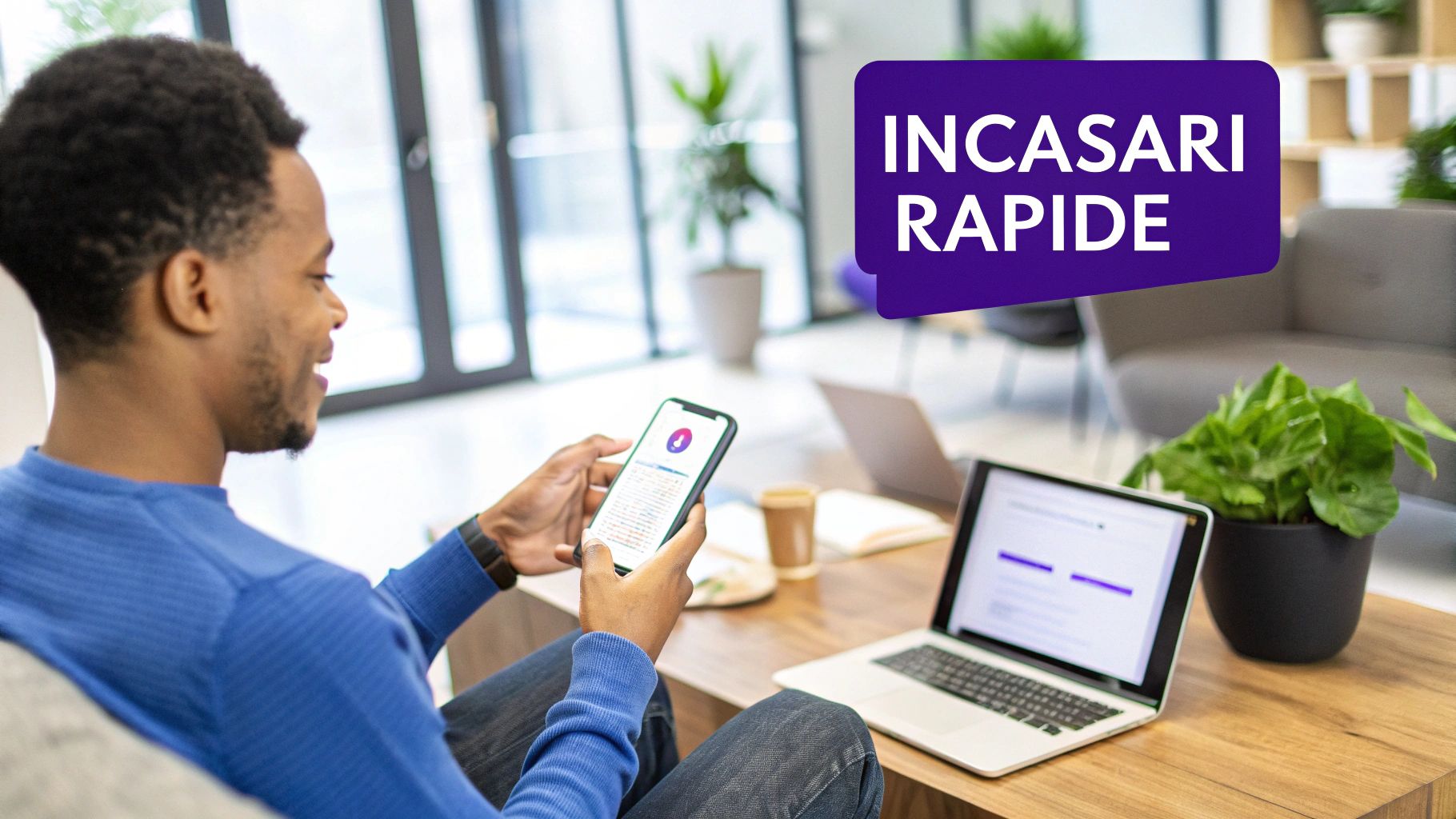 Bărbat fericit care face o plată cu telefonul, exemplificând ușurința de a folosi Apple Pay