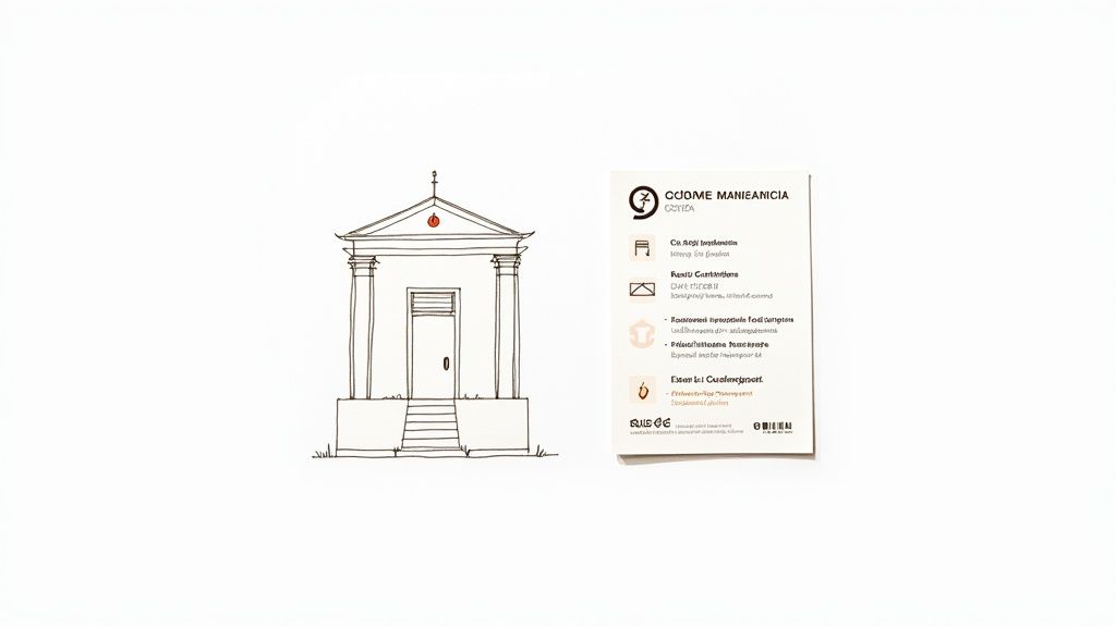 Desen schițat al unei clădiri și un card de informații Raiffeisen cu detalii de contact și servicii.