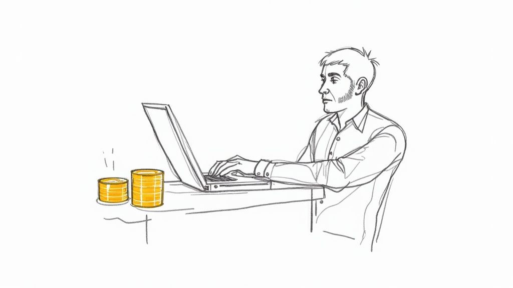 Un bărbat tastează la laptop, cu două grămezi de monede de aur lângă el, simbolizând câștigul financiar.