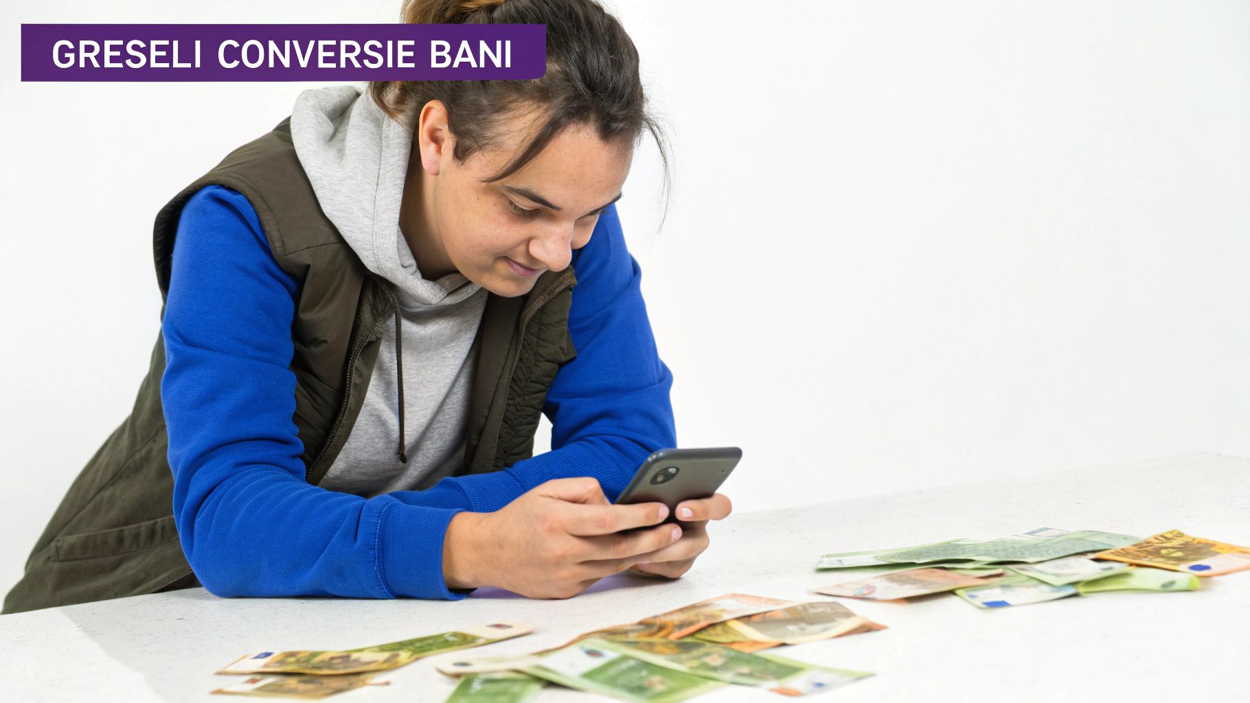 O persoană care examinează cu atenție o lupă deasupra unor monede și a unui grafic financiar, simbolizând analiza atentă a taxelor ascunse.