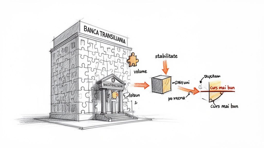 Diagramă conceptuală cu Banca Transilvania ca puzzle, ilustrând impactul volumului și stabilității asupra cursului valutar.