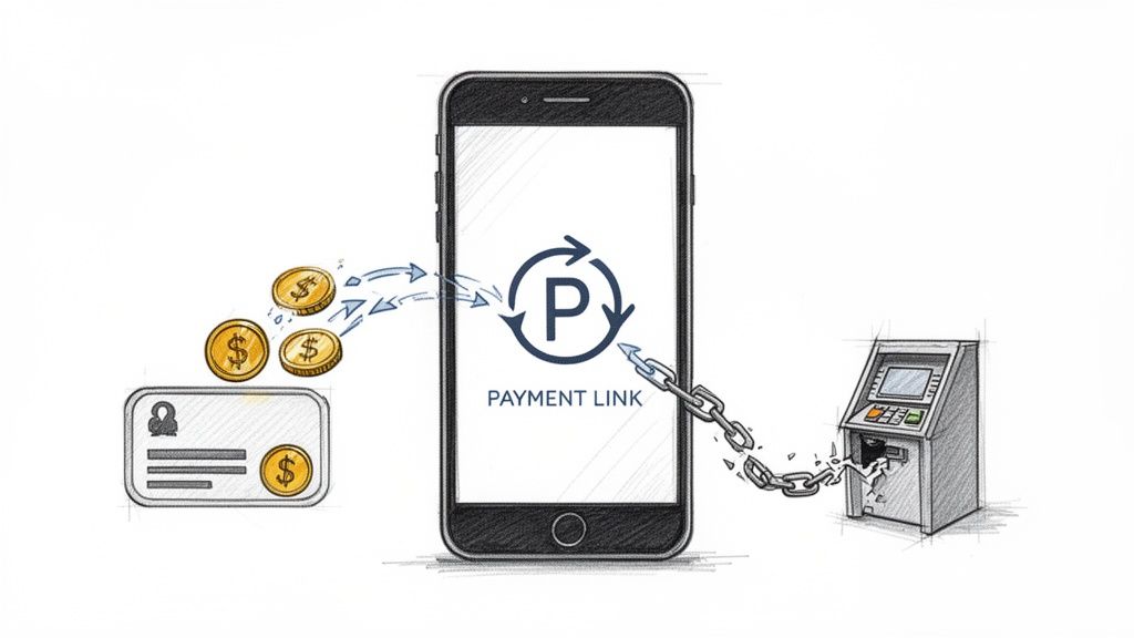 Telefon mobil cu 'Payment Link' și bani de la card, eliberat de ATM prin lanț rupt.