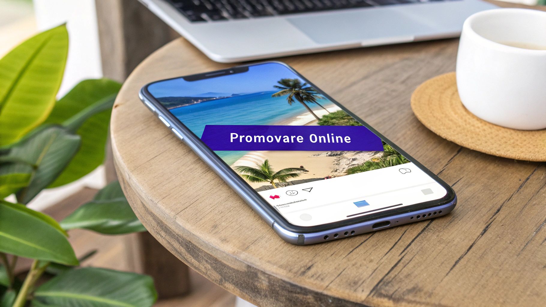 O persoană verifică notificări pe telefon și laptop, simbolizând promovarea online