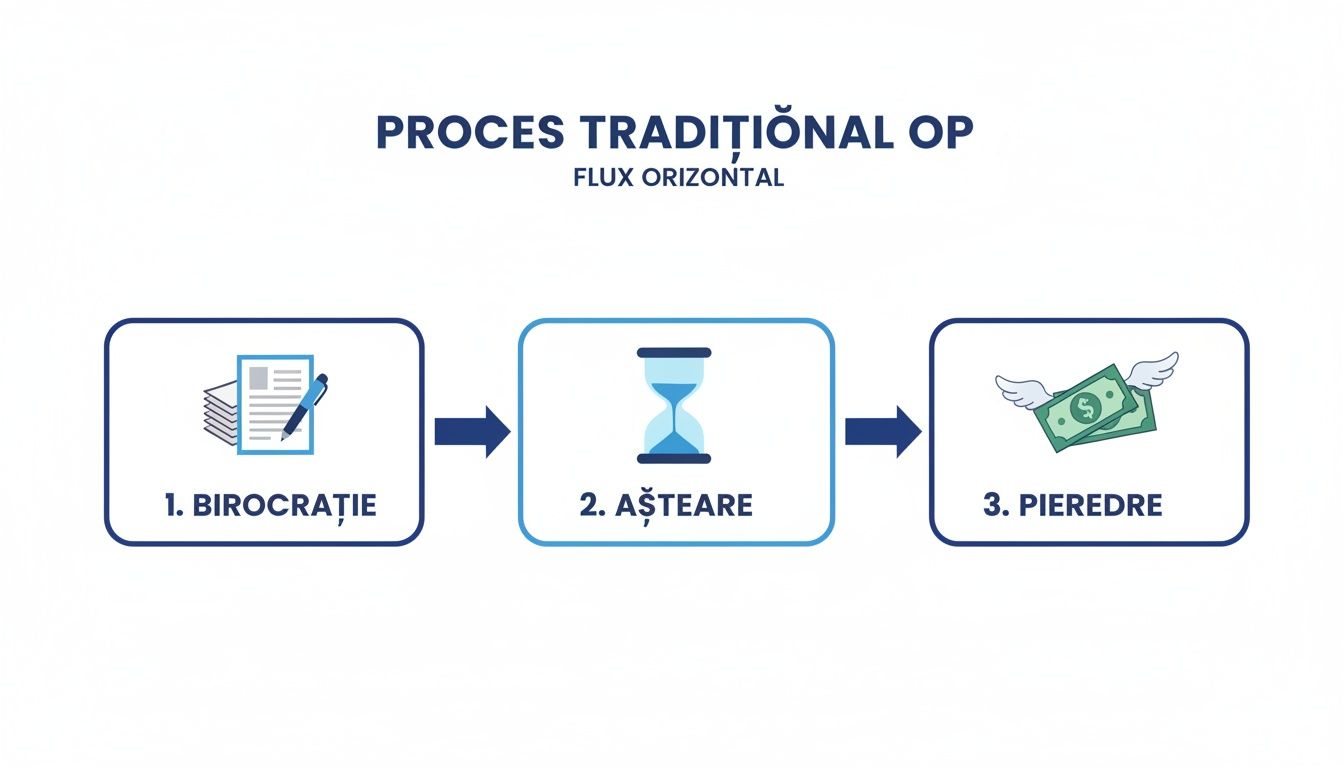 Diagramă orizontală a procesului tradițional operațional cu trei etape: birocrație, așteptare și pierdere de bani.