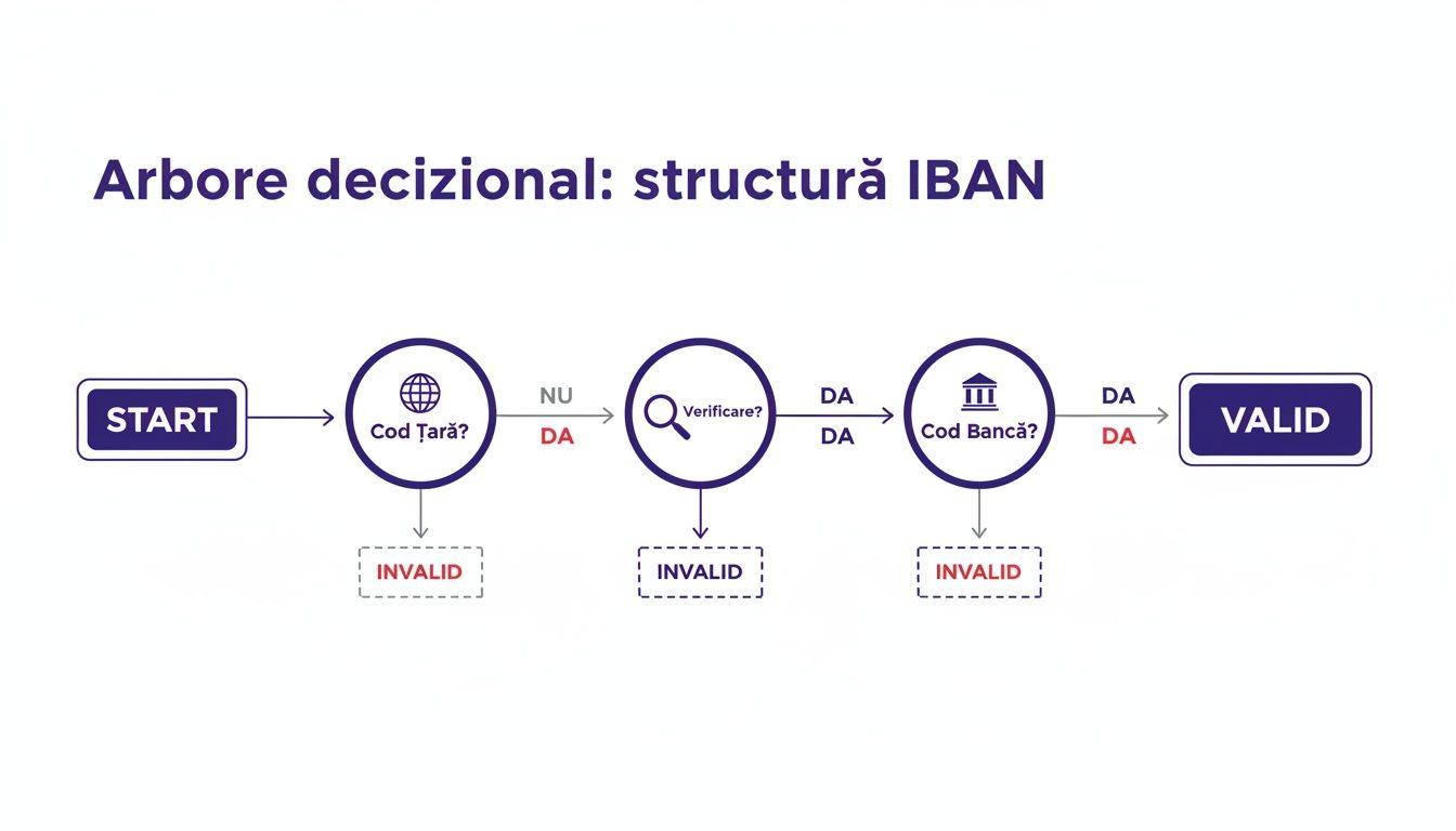 O diagramă arbore decizional care ilustrează pașii de verificare a structurii unui cont IBAN.