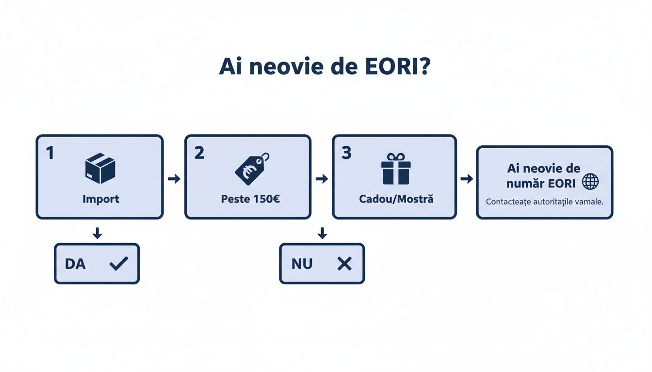 Diagramă explicativă despre necesitatea numărului EORI pentru importuri, cadouri sau mostre, cu condiții de valoare.