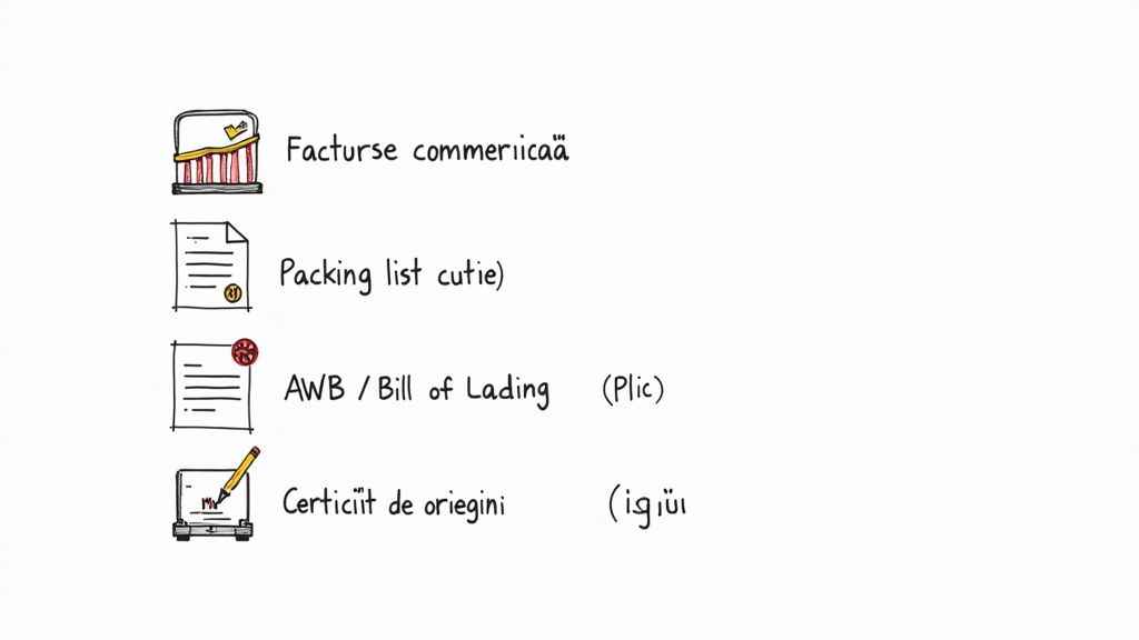 O listă cu documente esențiale pentru transportul de mărfuri: factură, packing list, AWB și certificat de origine.