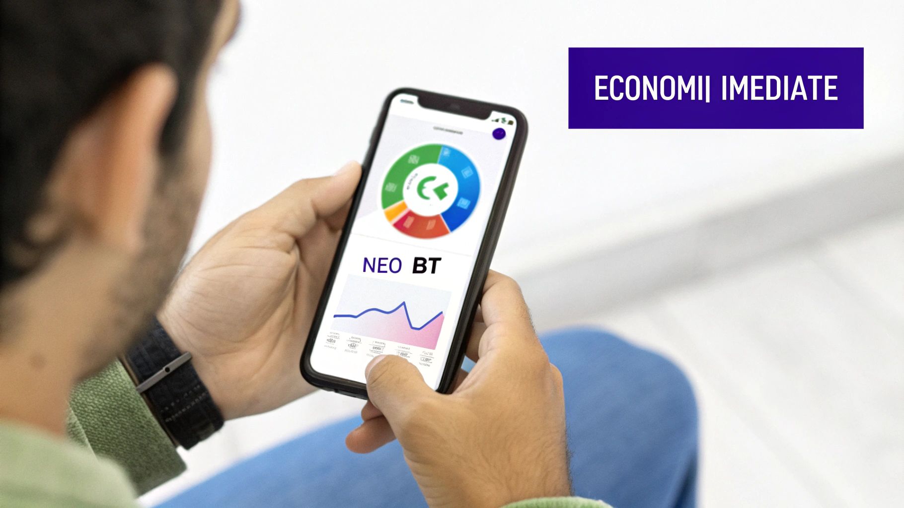 O persoană analizează un grafic financiar pe o tabletă, cu un zâmbet de satisfacție, ilustrând controlul și succesul financiar.