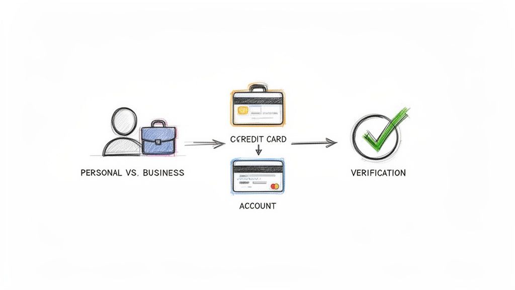 Diagramă a unui proces financiar care arată diferența dintre personal și afaceri, carduri de credit, conturi și verificare.