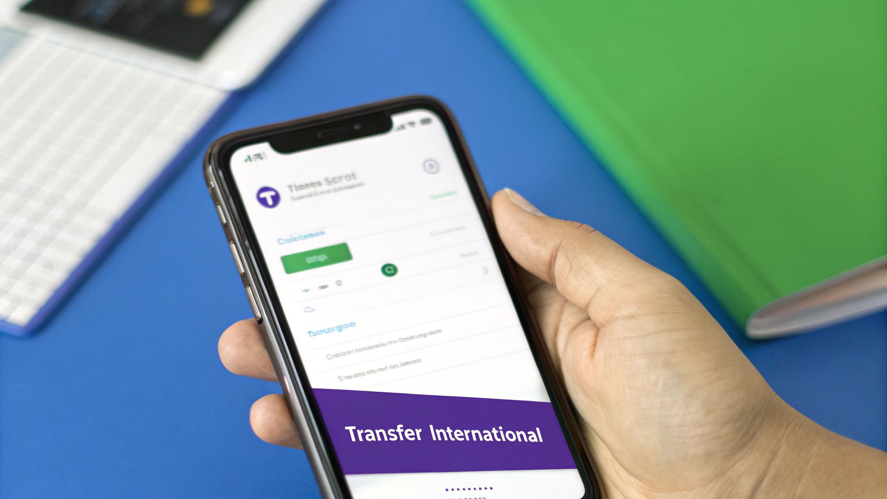 O persoană folosește aplicația YOU BRD pe telefon pentru a face un transfer internațional