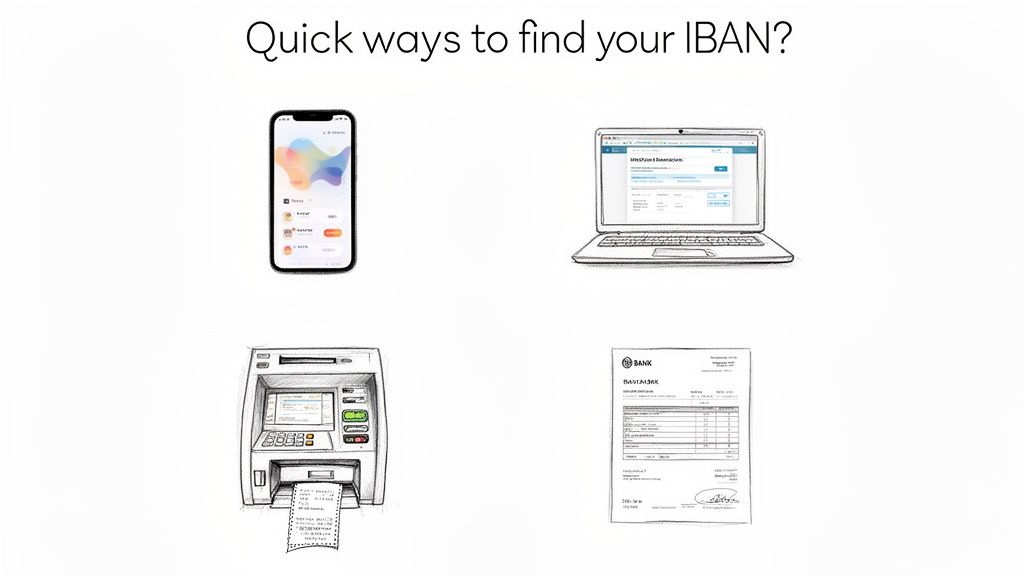 Patru metode vizuale pentru a găsi IBAN-ul: aplicație mobilă, laptop, bancomat și extras de cont bancar.