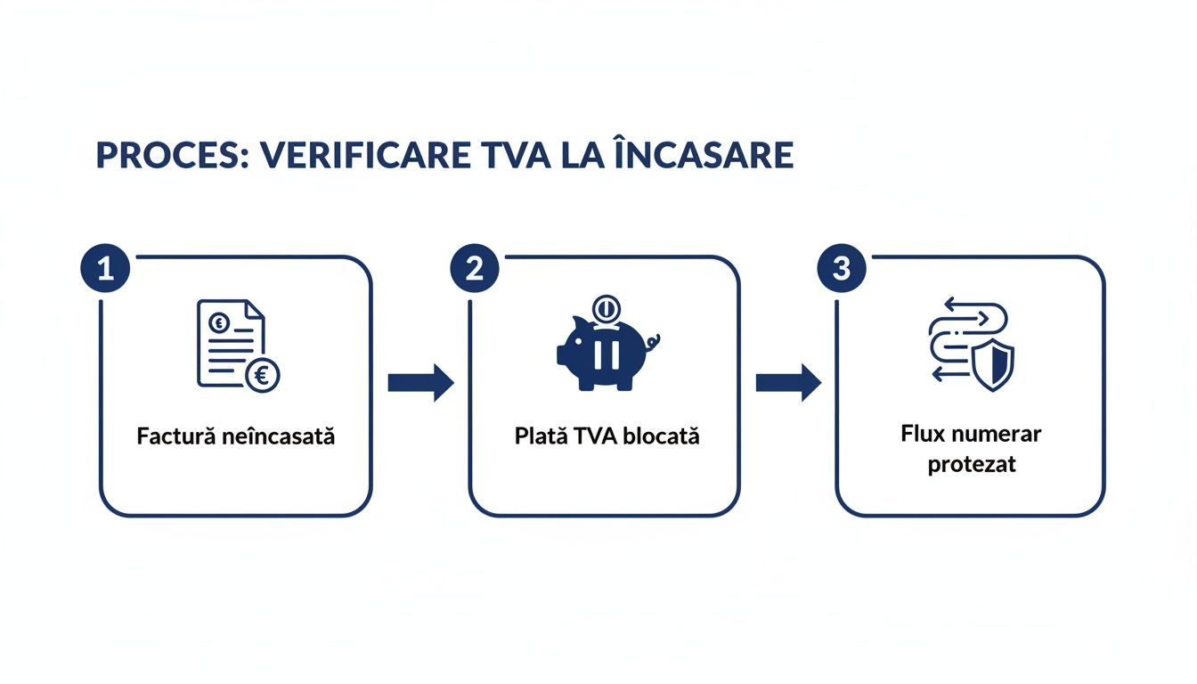 Diagramă procesuală a verificării TVA la încasare, ilustrând pașii de la factură la flux de numerar protejat.