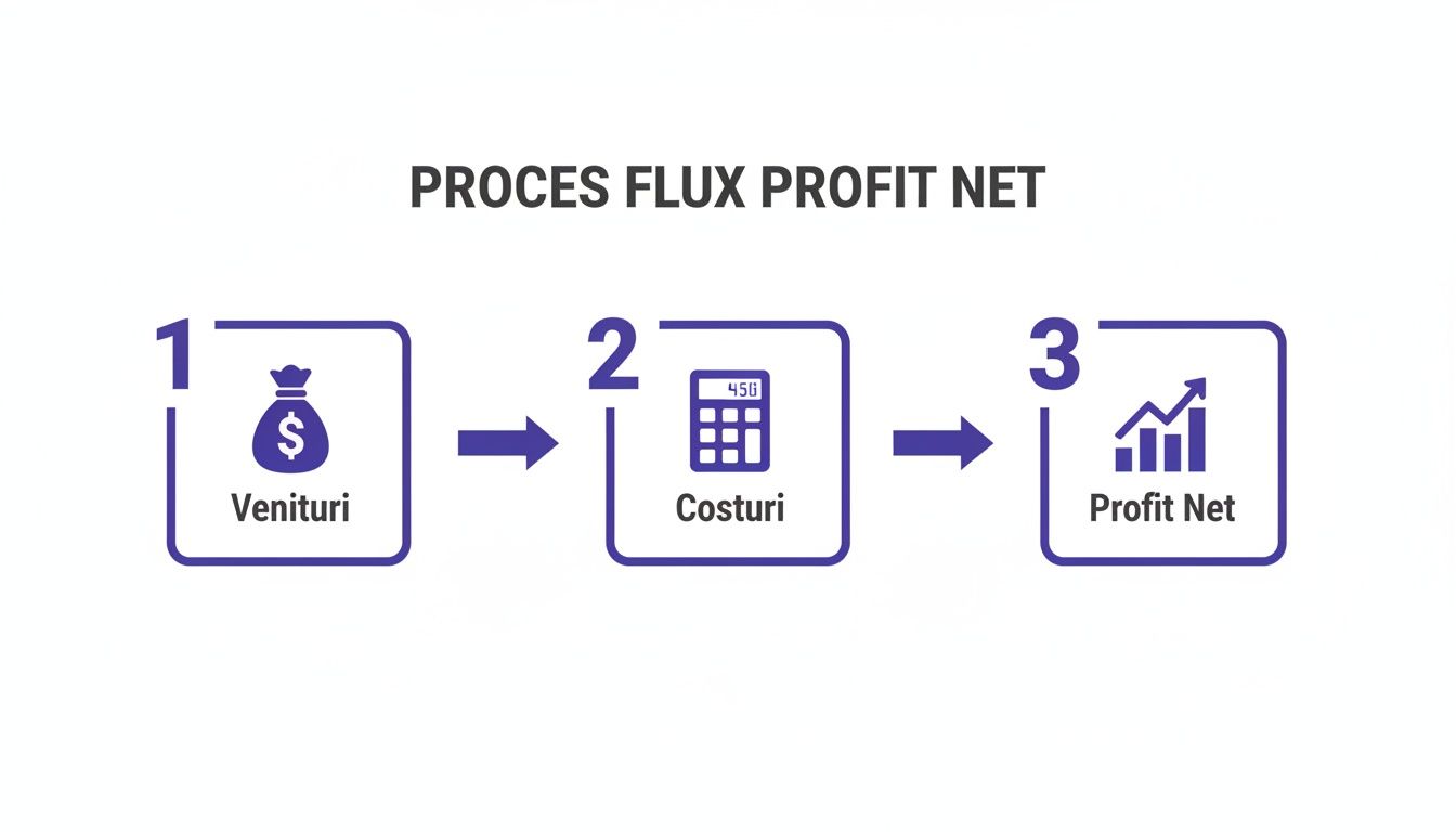 Diagramă explicativă a procesului de calcul al profitului net, ilustrând etapele de venituri, costuri și rezultatul final.