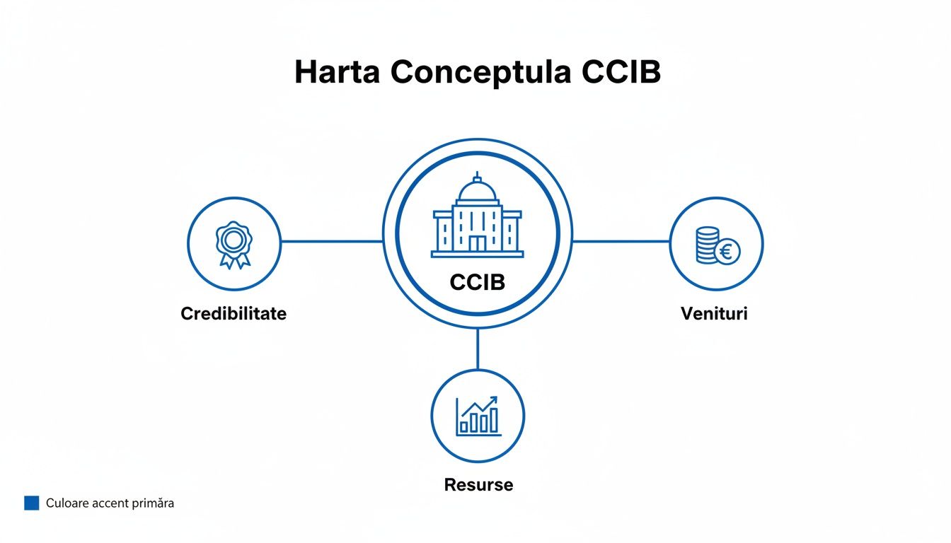 Harta conceptuală a CCIB, ilustrând legăturile dintre Credibilitate, Venituri și Resurse, pe un fundal alb.