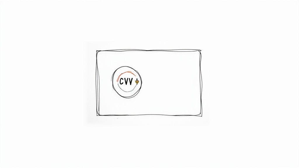 Ilustrație card de credit cu acronimul CVV marcat în cerc roșu pe spatele cardului