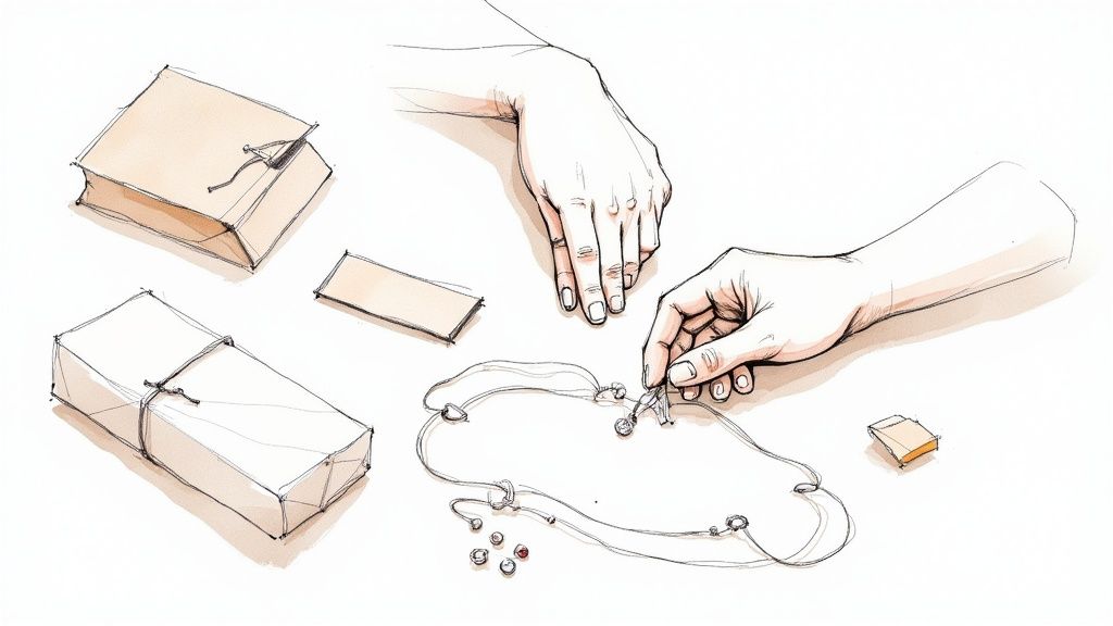 Mani creând bijuterii, cu ambalaje, cutii și accesorii pe o suprafață albă.