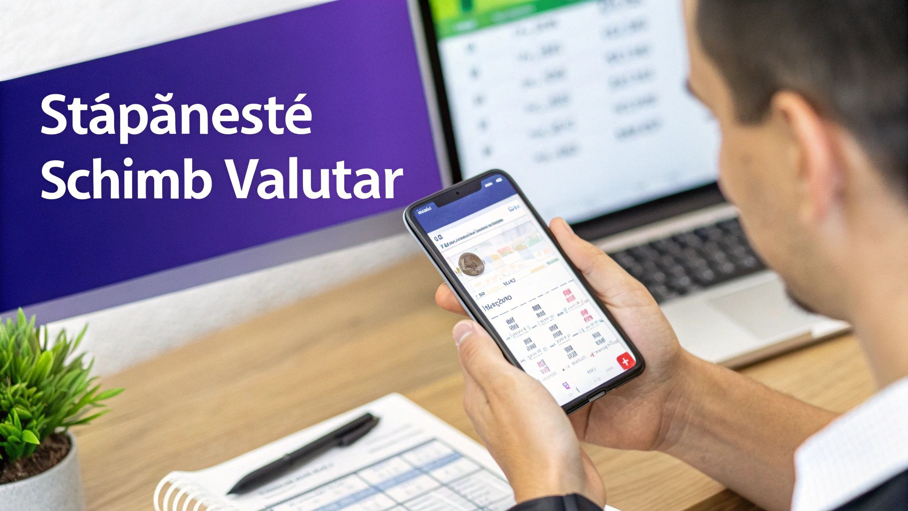 O persoană verifică cursul de schimb valutar pe un telefon, cu o sucursală Banca Transilvania în fundal