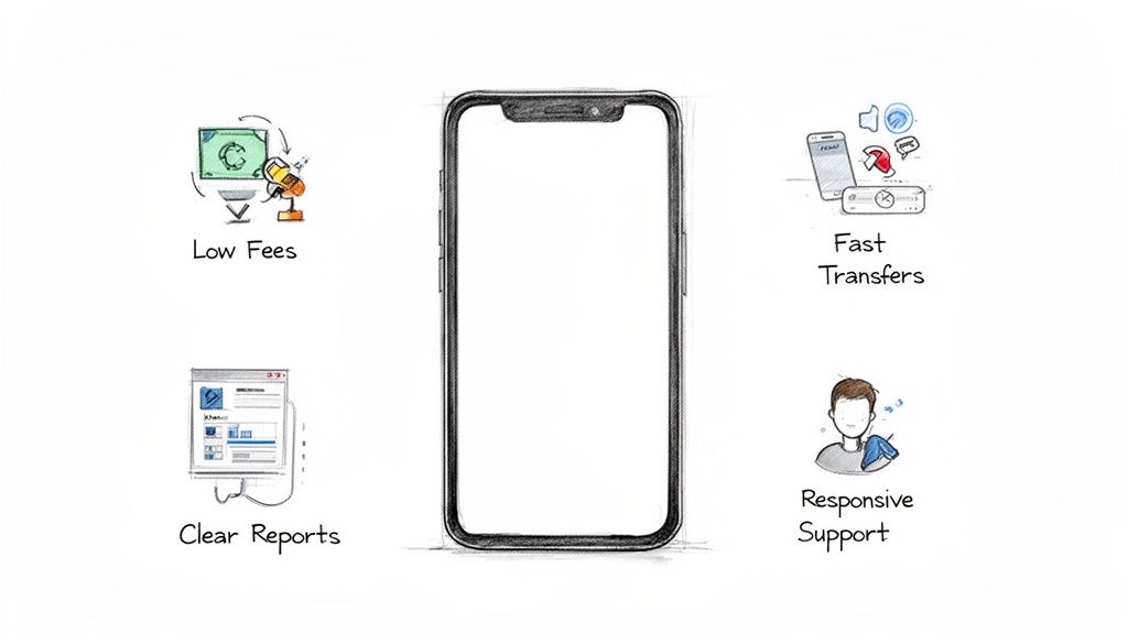 Un smartphone central, înconjurat de ilustrații pentru comisioane mici, transferuri rapide, rapoarte clare și suport receptiv.