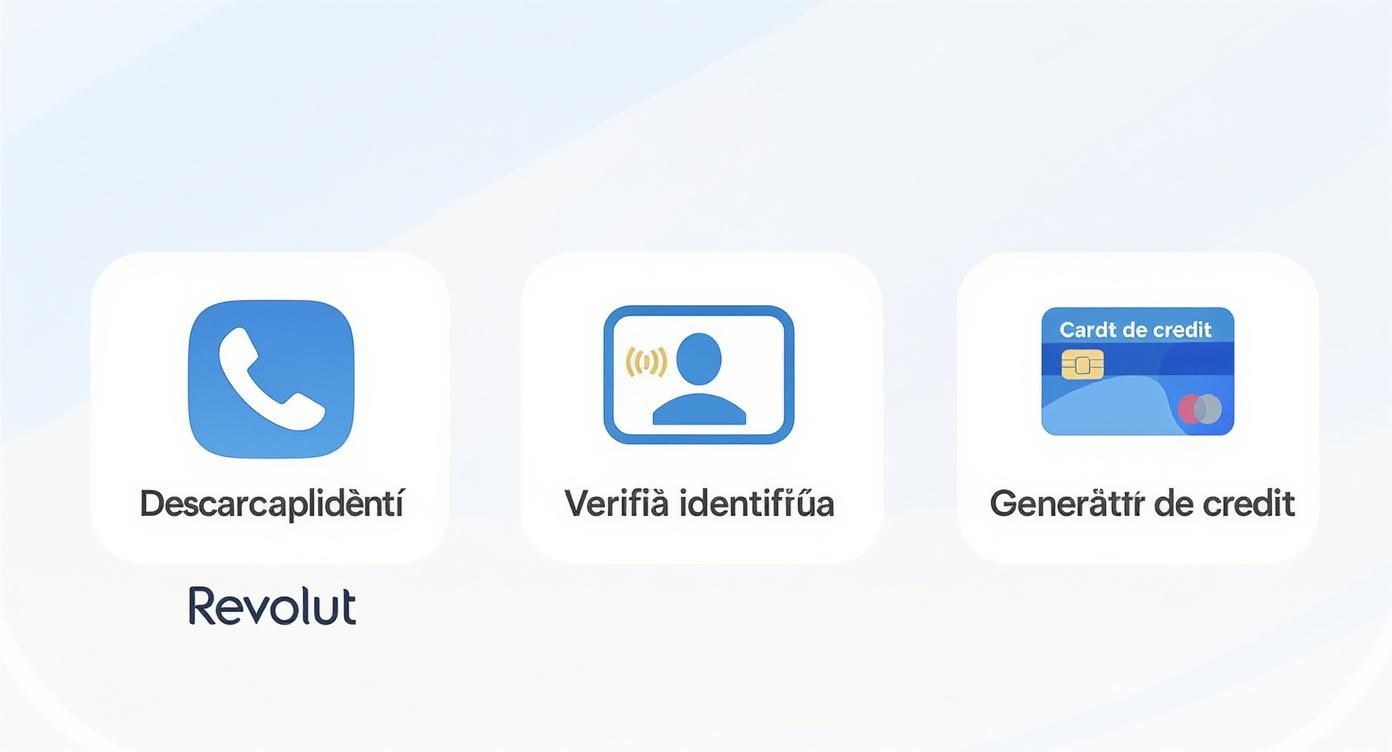 Infografic despre crearea contului Revolut, arătând pașii: descărcarea aplicației, verificarea identității și generarea cardului